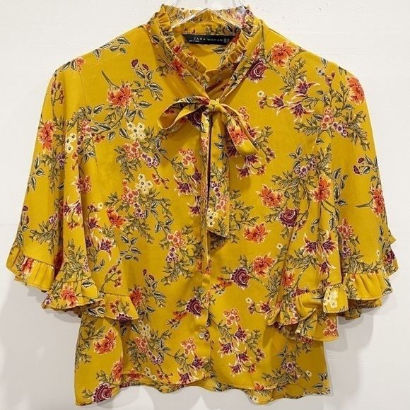 Zara Floral Pattern Batwing Blouse Ruffle Trim XS - Picture 1 of 4